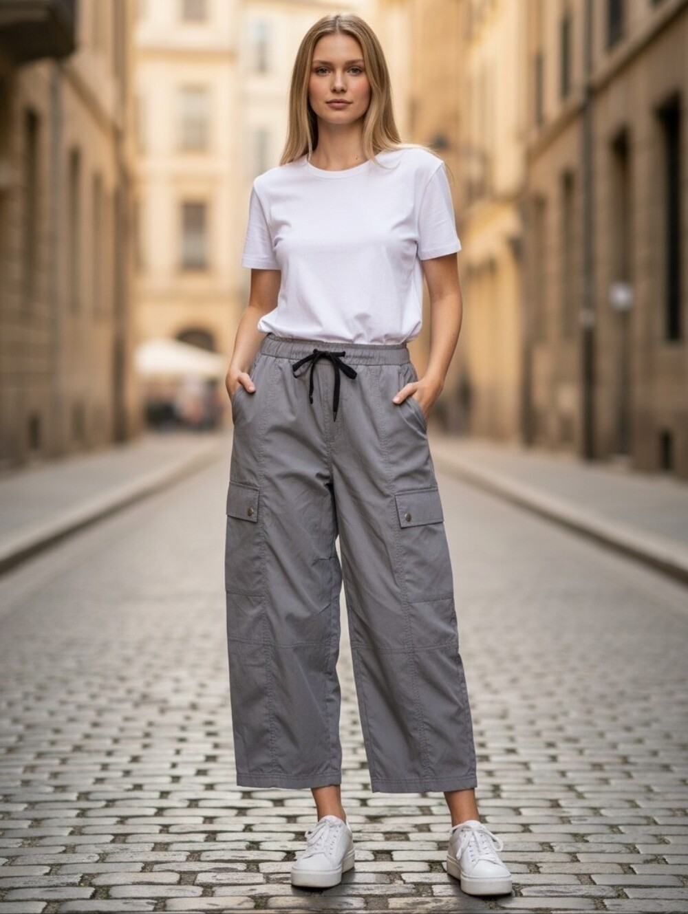 Halara Cargo Pants, Drawstring Elastic Waist, Barrel Wide. Grey. Womens Large.